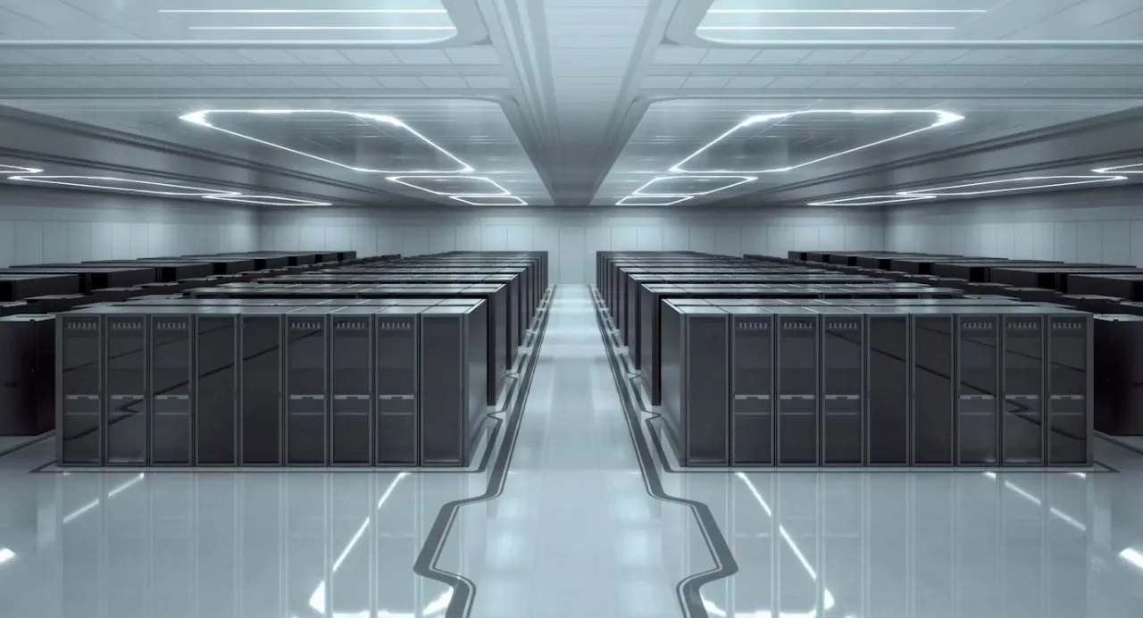 ala server di un data center con doppia fila di rack e pavimento in resina lucido, superficie continua e dissipativa per la protezione dei componenti elettronici