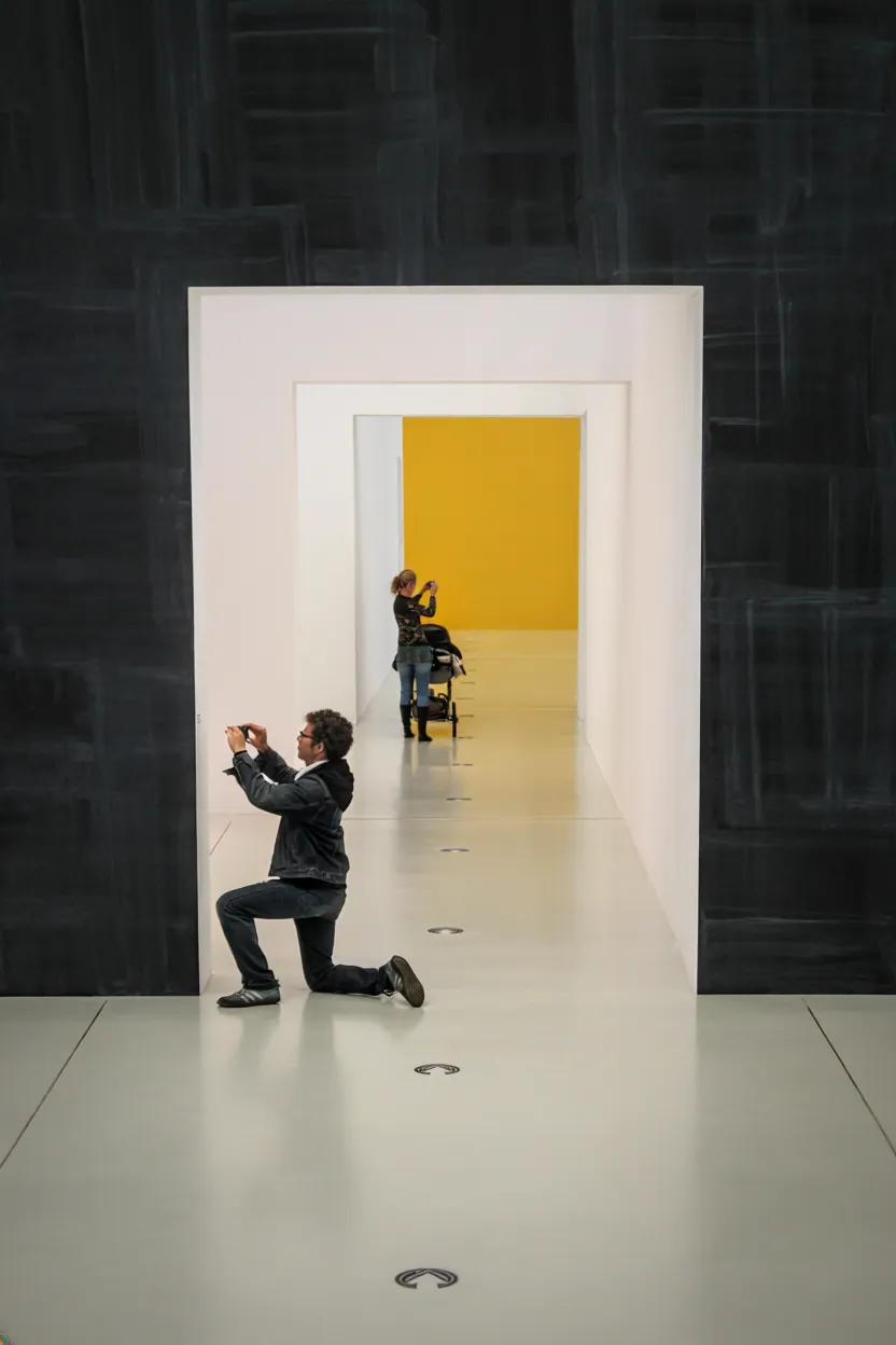 Museo arte moderna-pavimento in resina grigio chiaro con frecce segnaletica alta resistenza con indicazione percorso mostra